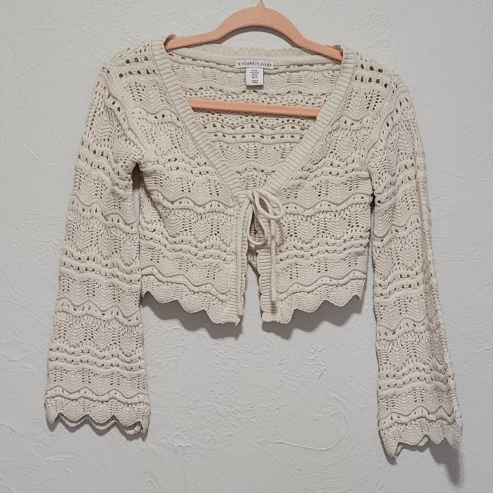 Sincerely Jules Women's XS Cream Crochet Tie-Front Cardigan with Bell Sleeves.